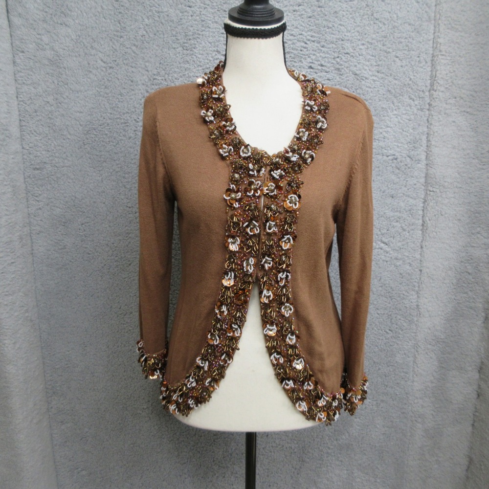 Vintage 90s Y2K Just B Cardigan Women M Brown Beaded Sequin Glam Holiday Artsy